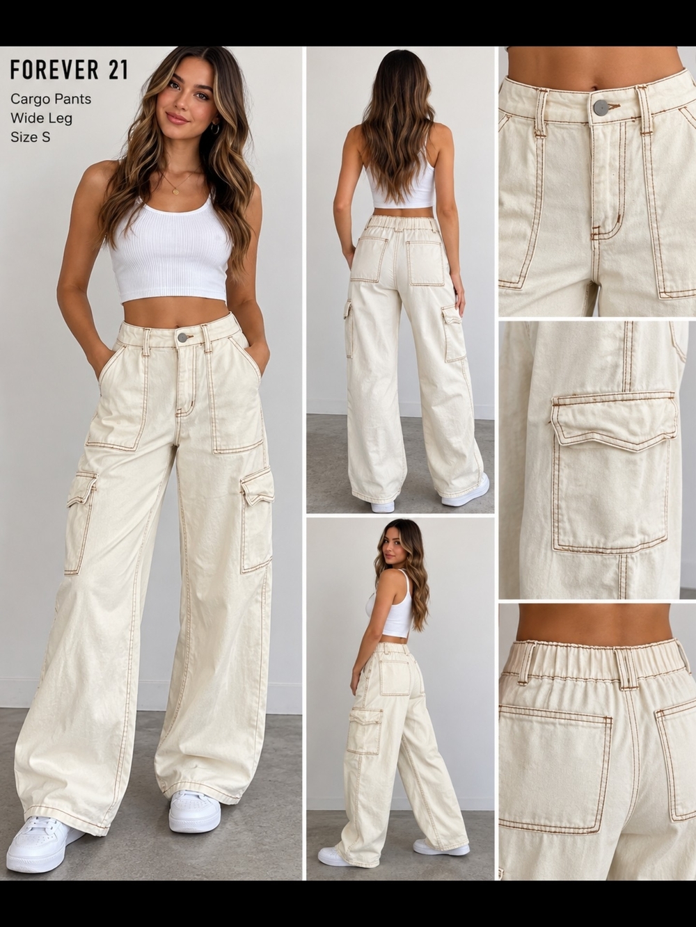 Forever 21 Cream Wide-Leg Cargo Pants